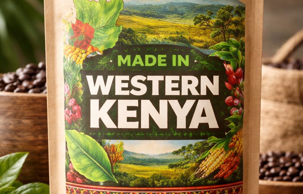 Coffee bag with Made in Western Kenya label representing rural economic empowerment through agricultural value addition